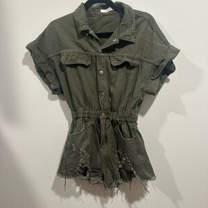 Olive Green Distressed Jumpsuit